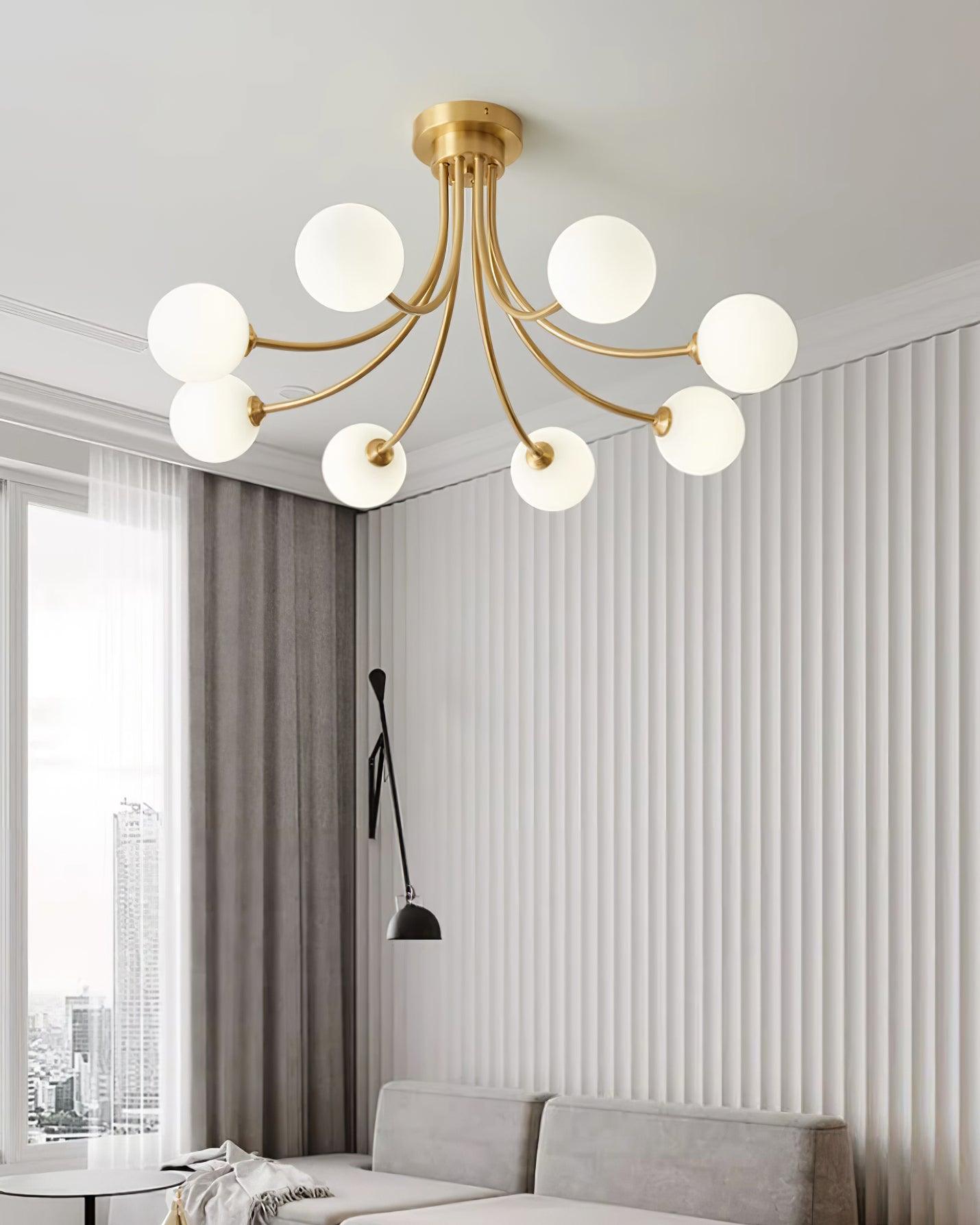 Ceiling Light Brass Branching Arms Opal Globe Shades Modern Elegant