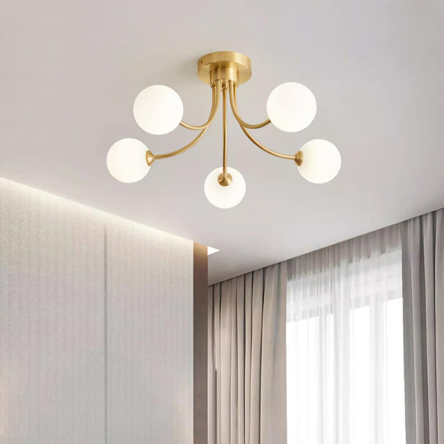 Ceiling Light Brass Branching Arms Opal Globe Shades Modern Elegant