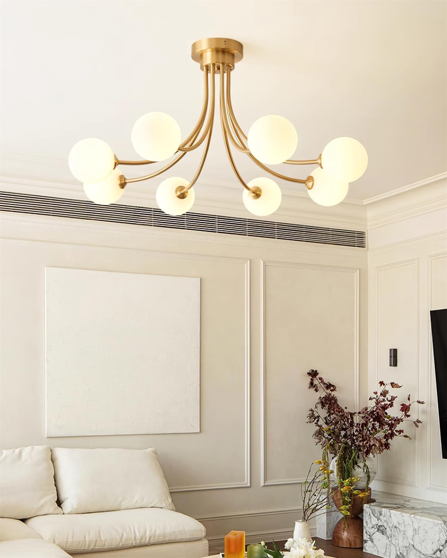 Ceiling Light Brass Branching Arms Opal Globe Shades Modern Elegant