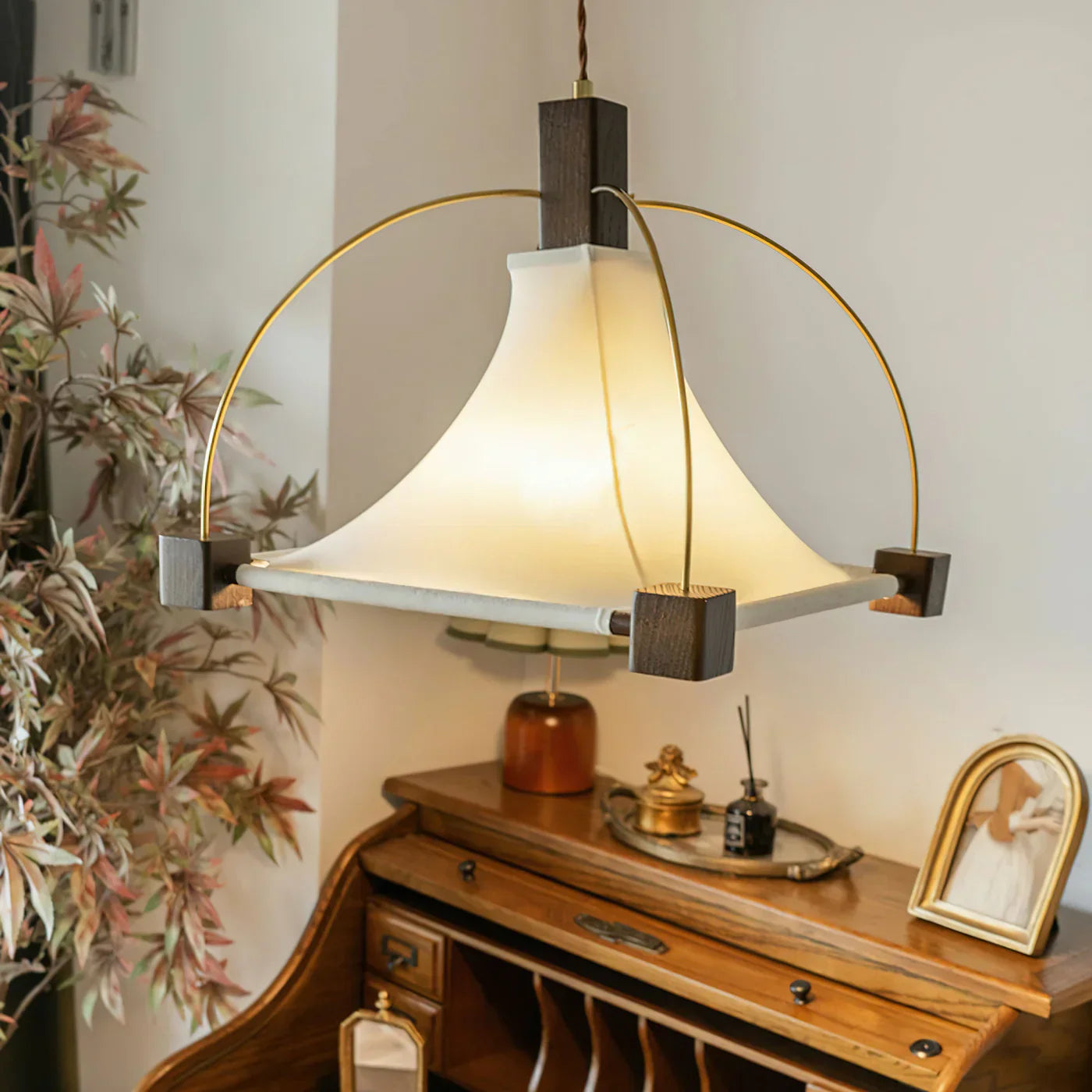 Detail shot of the wooden accents on the pendant light