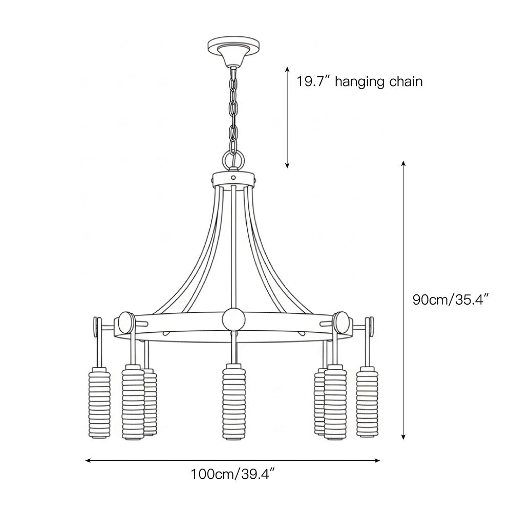 Detail view of the antique brass armature and canopy of the Payson Chandelier.