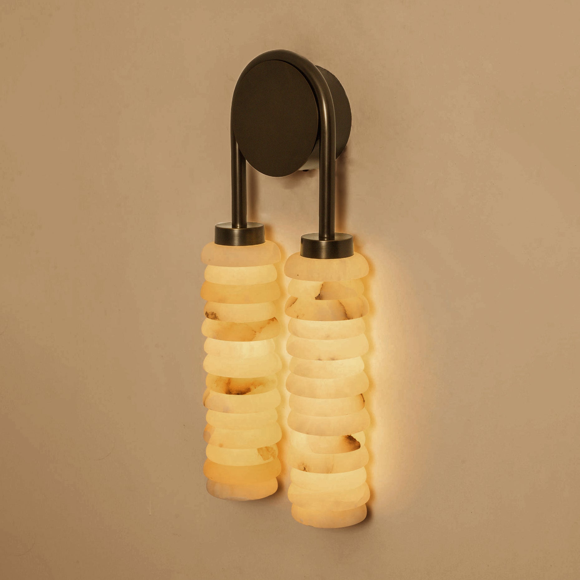 Front view of the Payson Double Alabaster Wall Lamp.