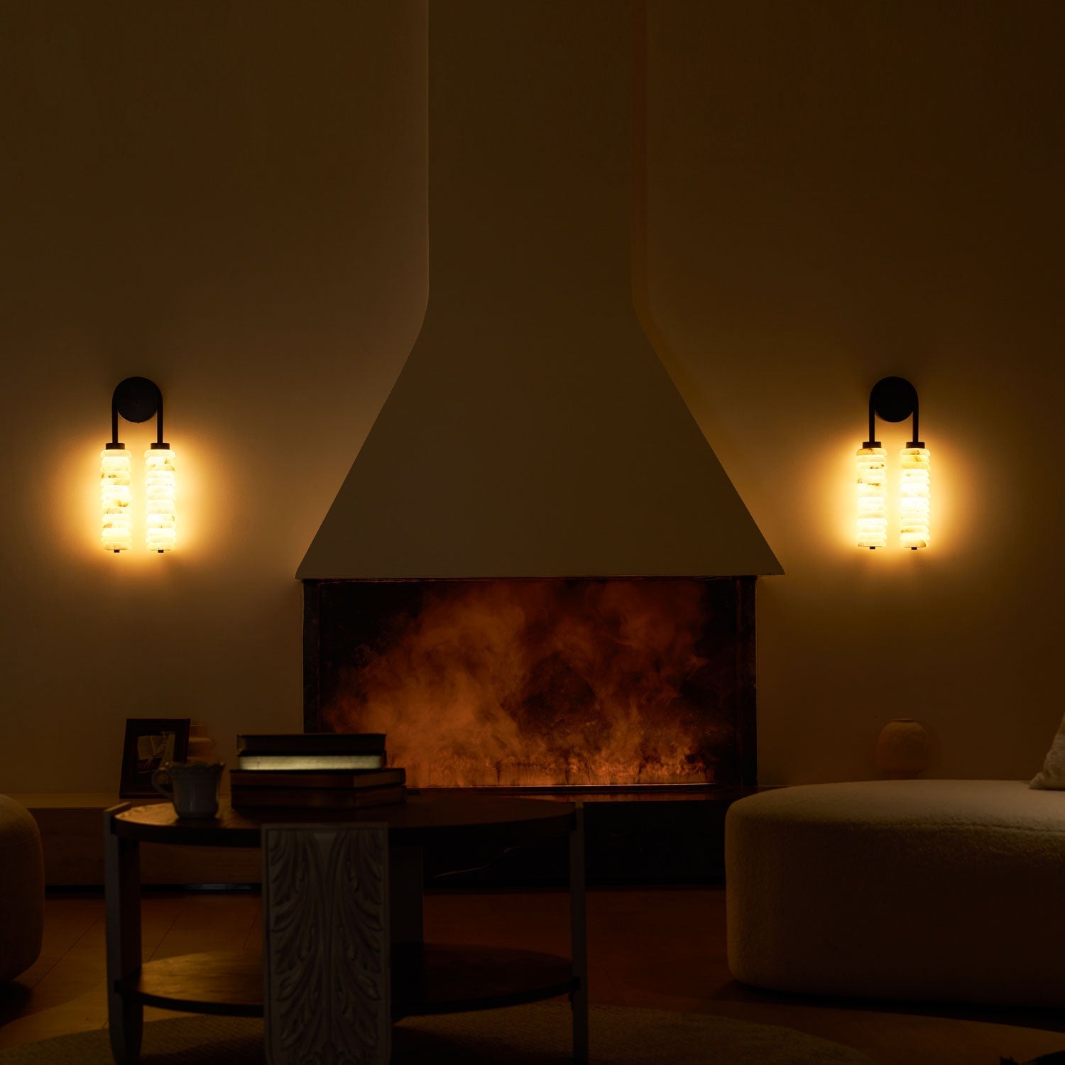 Angled view of the Payson Double Alabaster Wall Lamp.