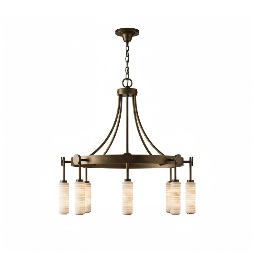 Payson Alabaster Chandelier with five ribbed cylinders on an antique brass ring frame, shown lit.
