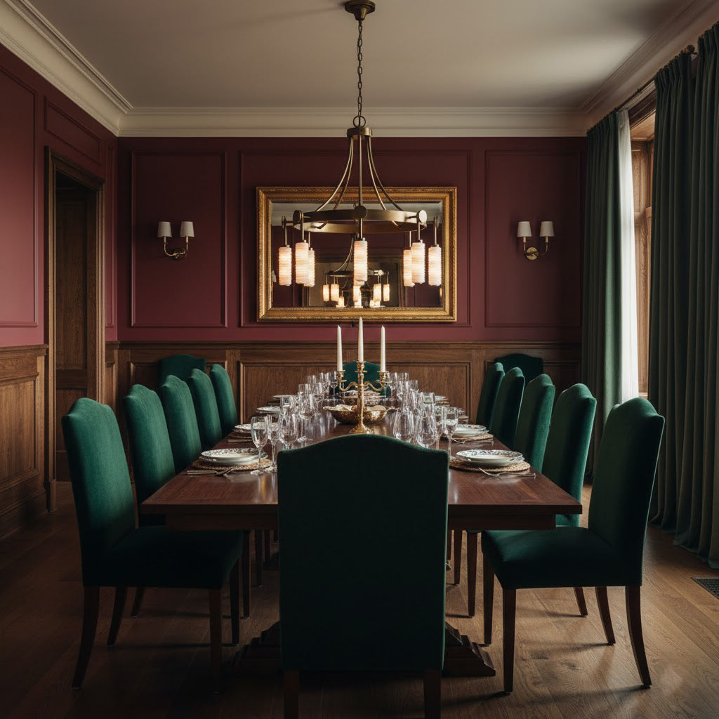 The Payson Alabaster Chandelier hanging above a modern dining table.