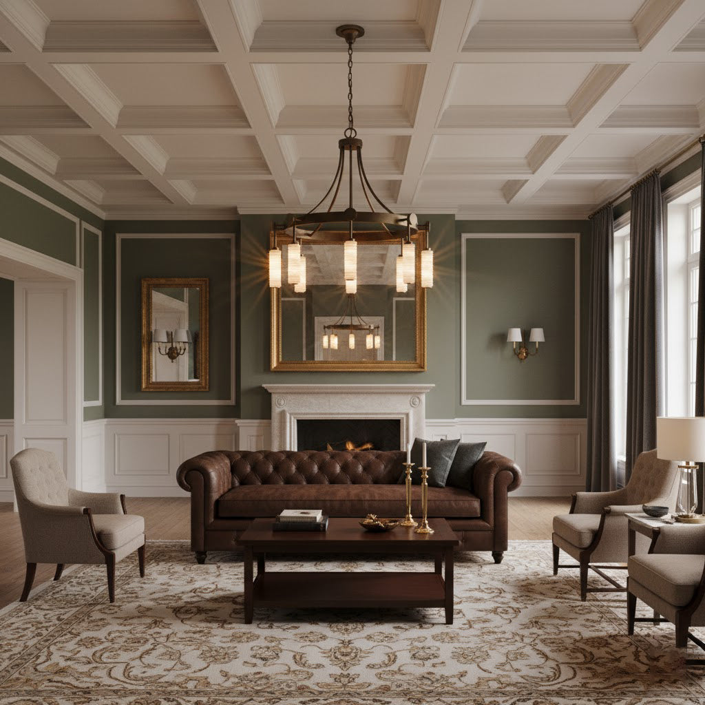 Side profile of the Payson Chandelier, highlighting its geometric structure and arched arms.