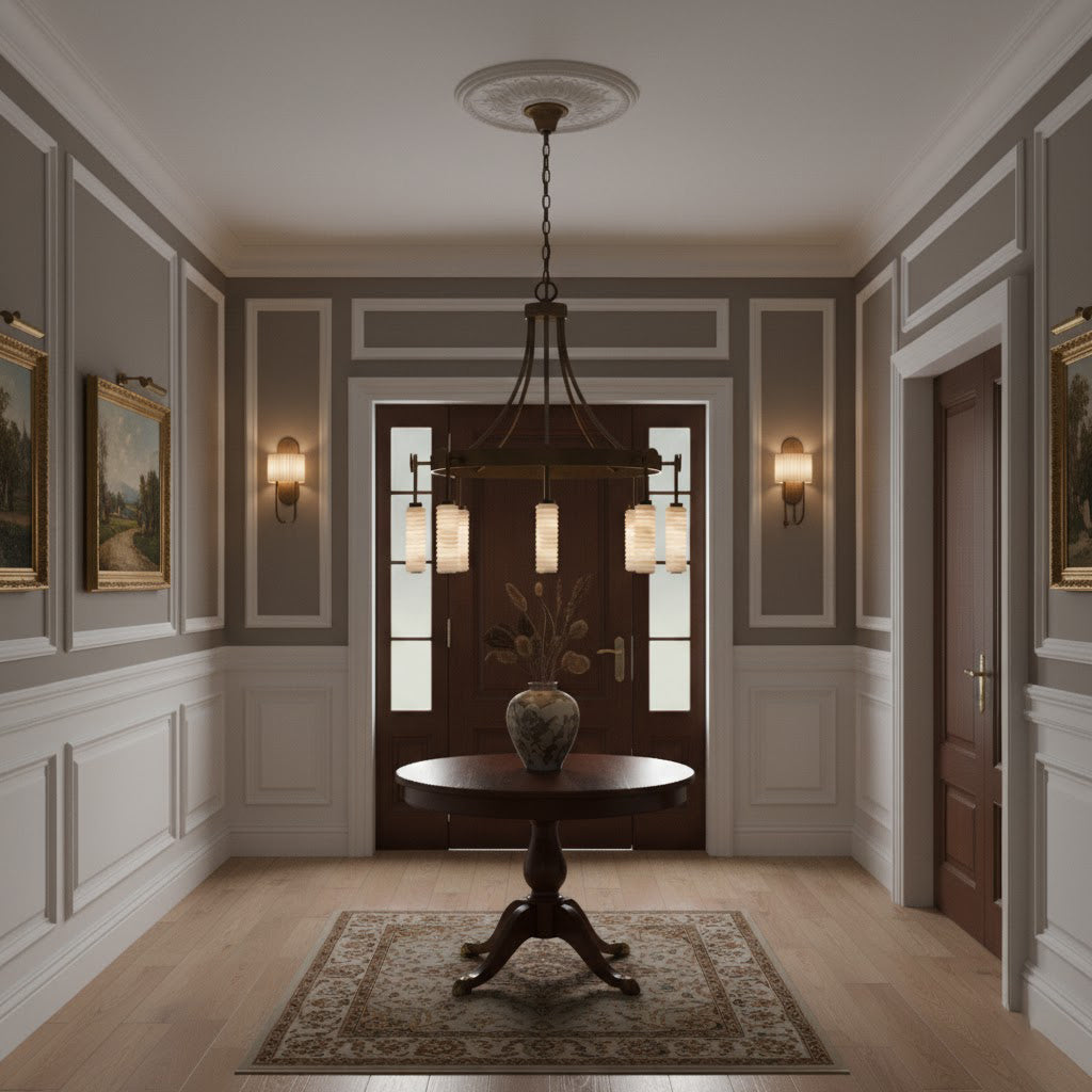 Unlit view of the Payson Chandelier, showcasing the natural white alabaster and antique brass finish.