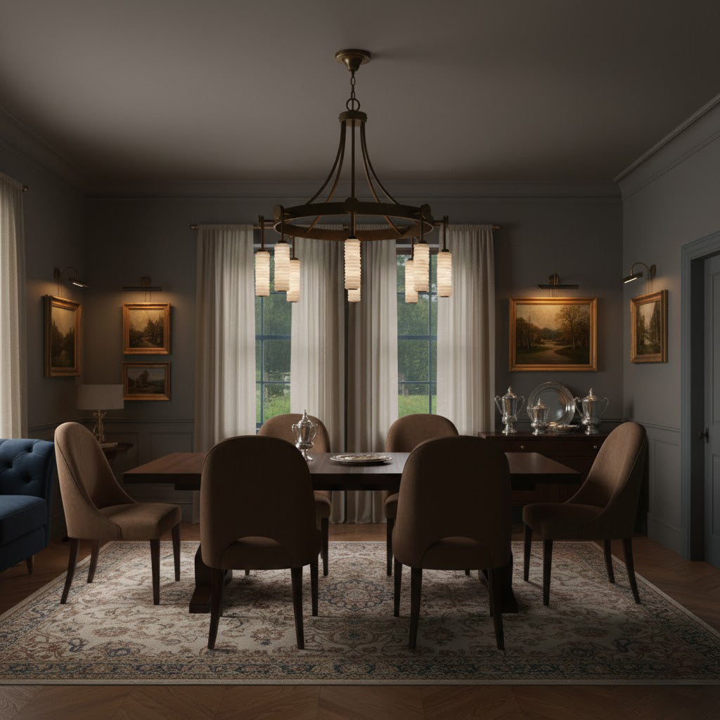 Lifestyle image of the Payson Chandelier in a contemporary living room setting.