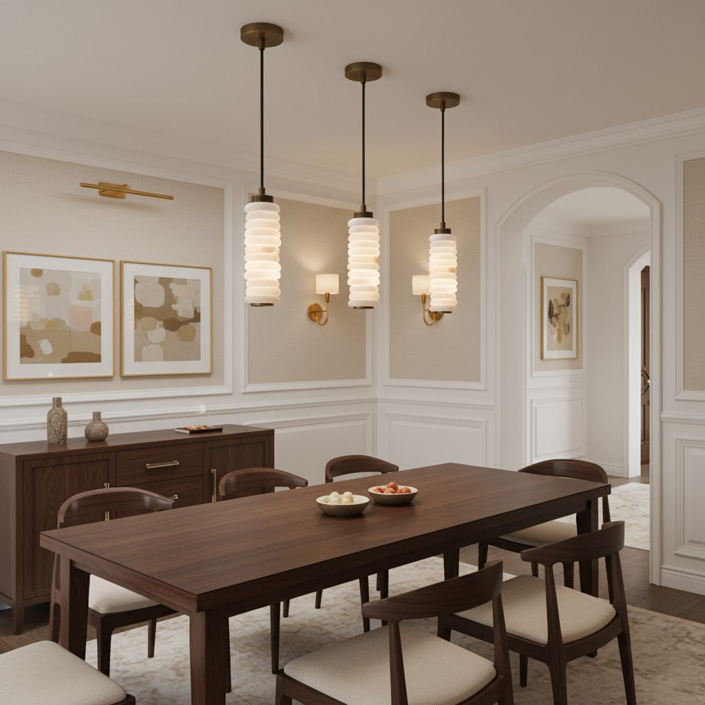 Payson Alabaster Pendant Lamp hanging in a modern dining room setting.