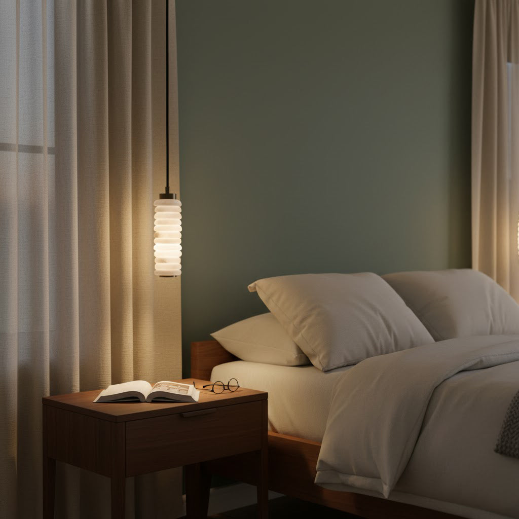 Angled view of the white finish pendant lamp.