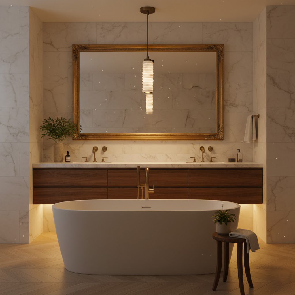 Payson Alabaster Pendant Lamp used as accent lighting in a bedroom.