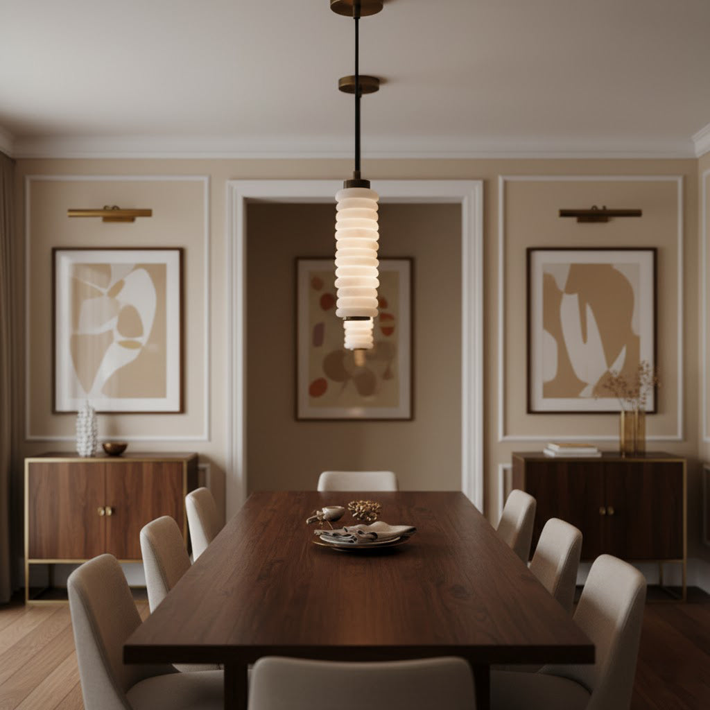 Angled view of the antique brass pendant lamp.