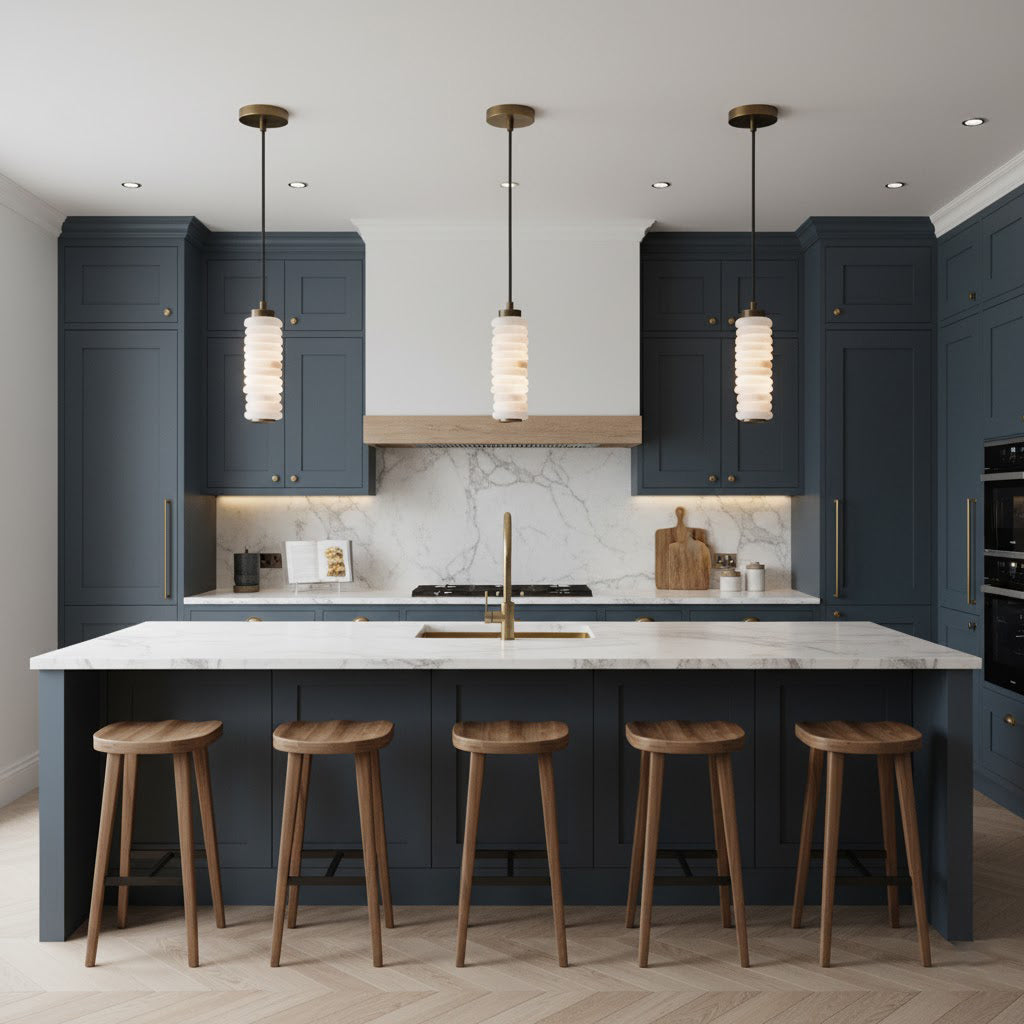 The pendant lamp illuminated, casting a warm and inviting glow.