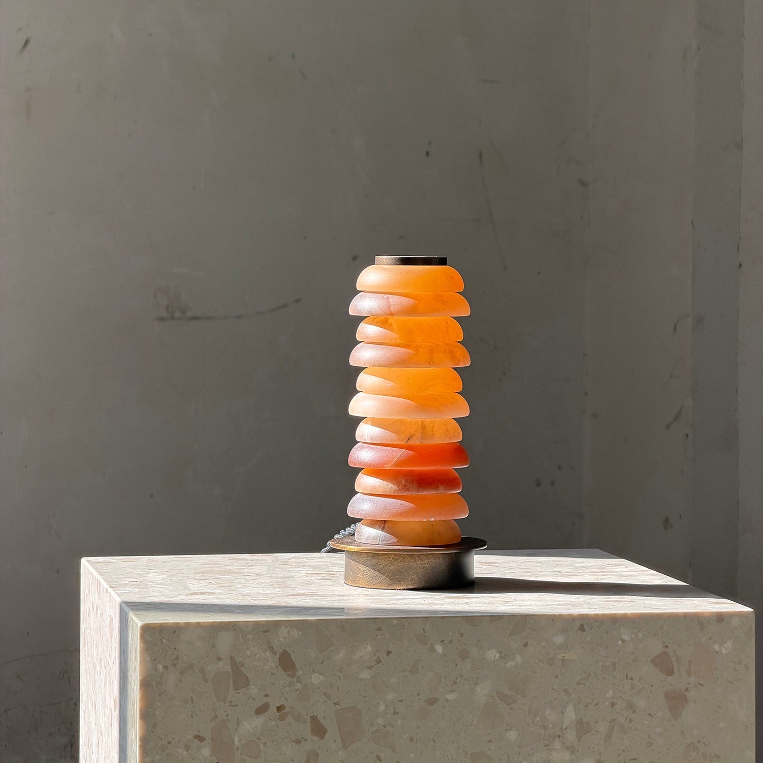 Top-down view of the cylindrical alabaster lamp.