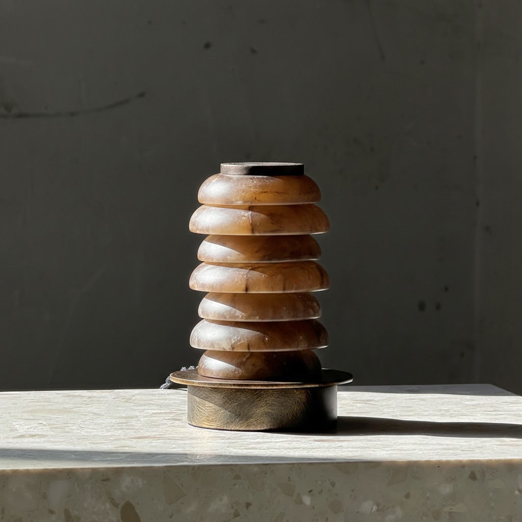 Payson Alabaster Table Lamp viewed from a low angle.