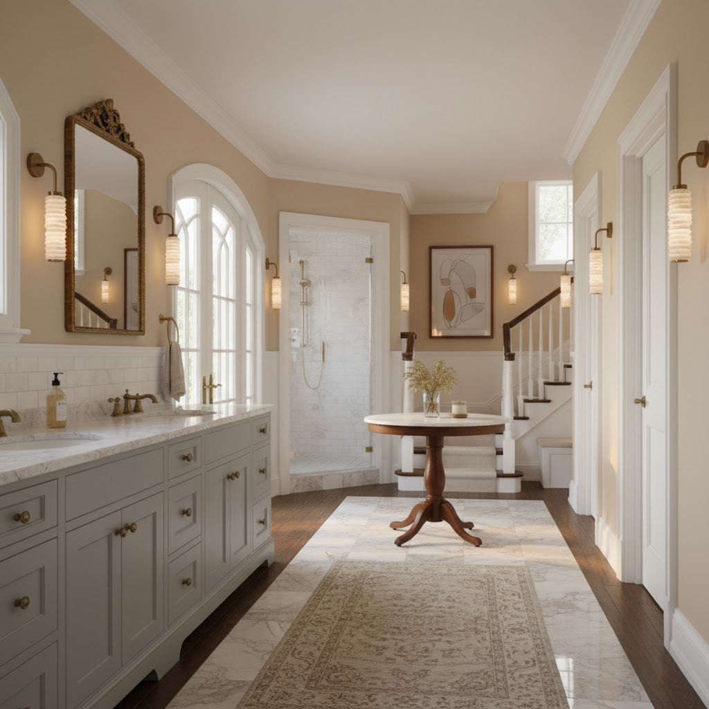 Payson Alabaster Wall Sconce shown in a modern living room setting.