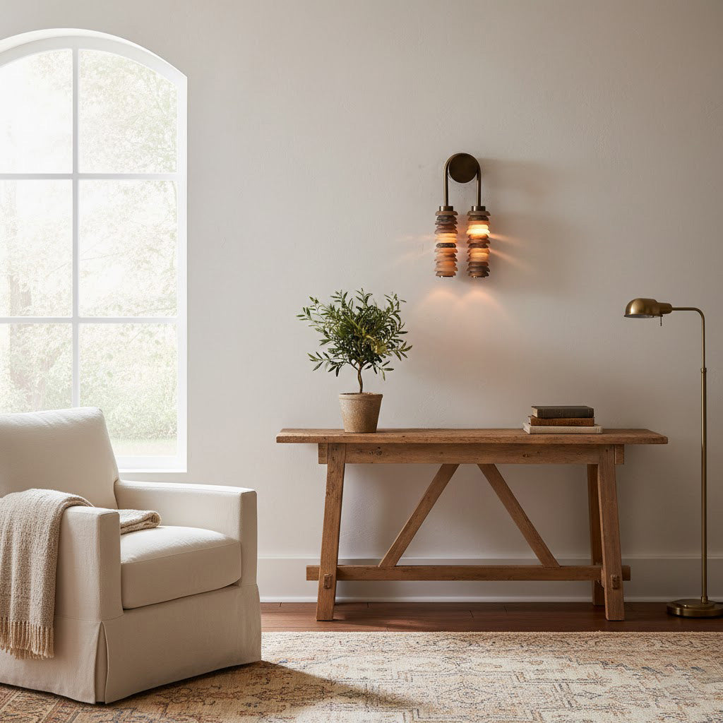 Payson wall lamp in brown finish installed in a cozy bedroom.
