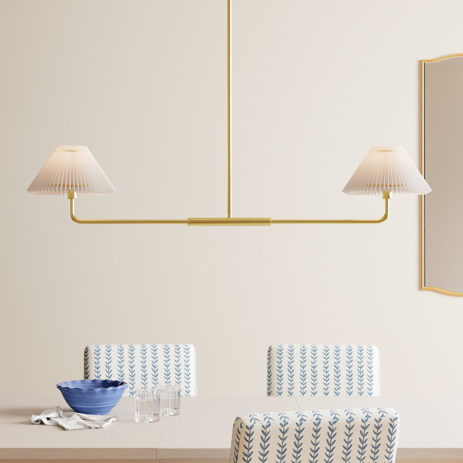 Pearson Linear Pendant Lamp illuminated in a modern dining room.
