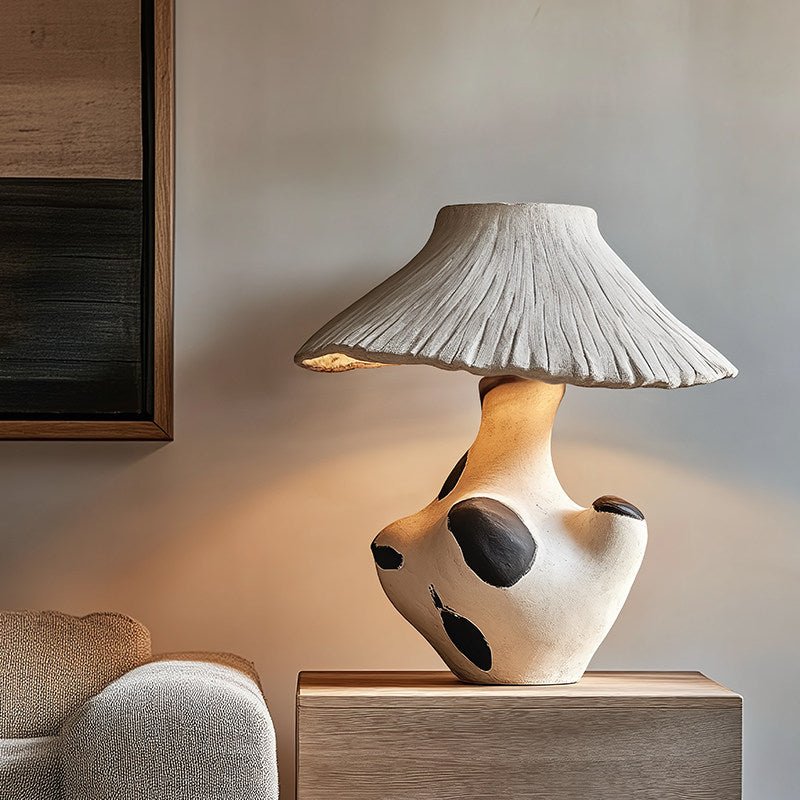 Pebble-Inlay Sculptural Plaster Table Lamp-Neutral Decor
