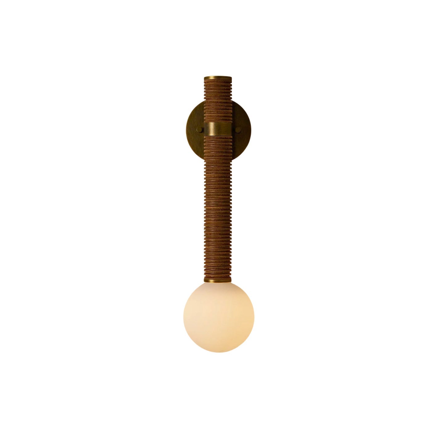 Front view of the Threadline Globe Wall Sconce with a stacked leather body.