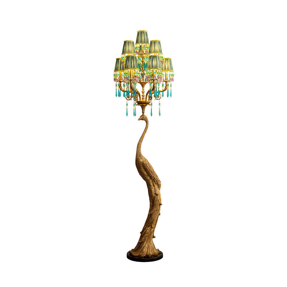 Perky Peacock Floor Lamp with brass body and six fabric shades.