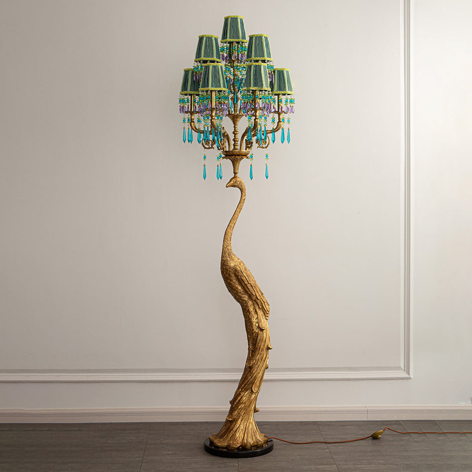 The peacock floor lamp placed in a luxurious living room corner.
