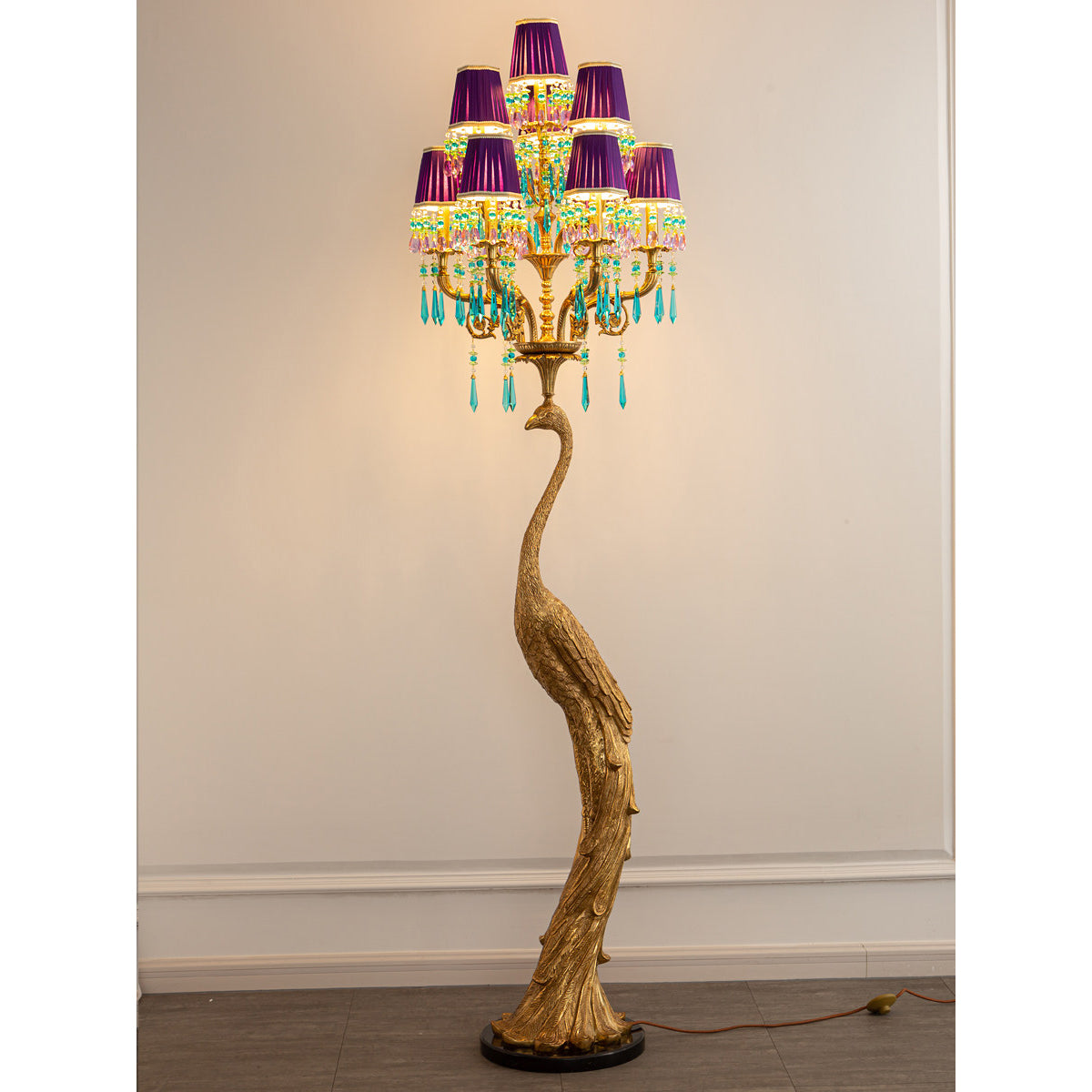 Scale comparison of the tall peacock floor lamp in a room.