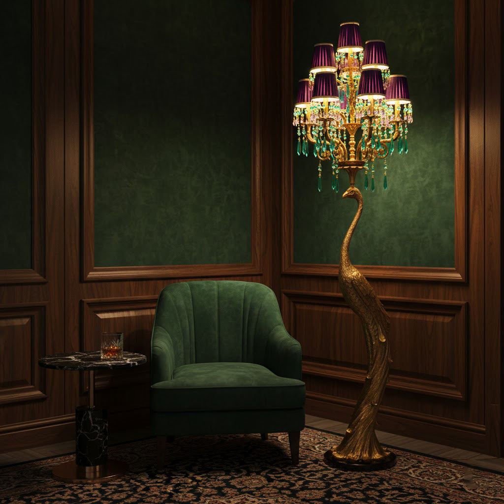 The six-arm candelabra branch of the peacock floor lamp, illuminated.