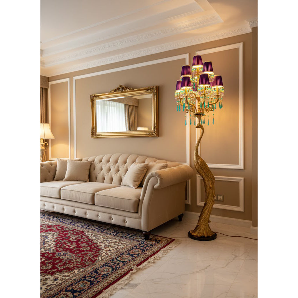 Perky Peacock Floor Lamp shown in a grand foyer setting.