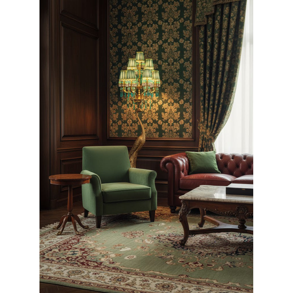 Side profile of the sculptural brass peacock floor lamp.