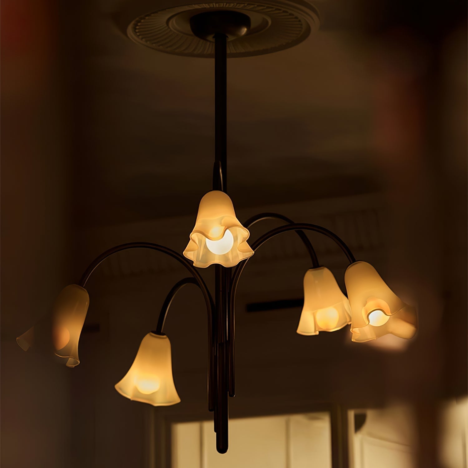 Aurora Chandelier Blossom Petal Glass Arms-Neutral Decor
