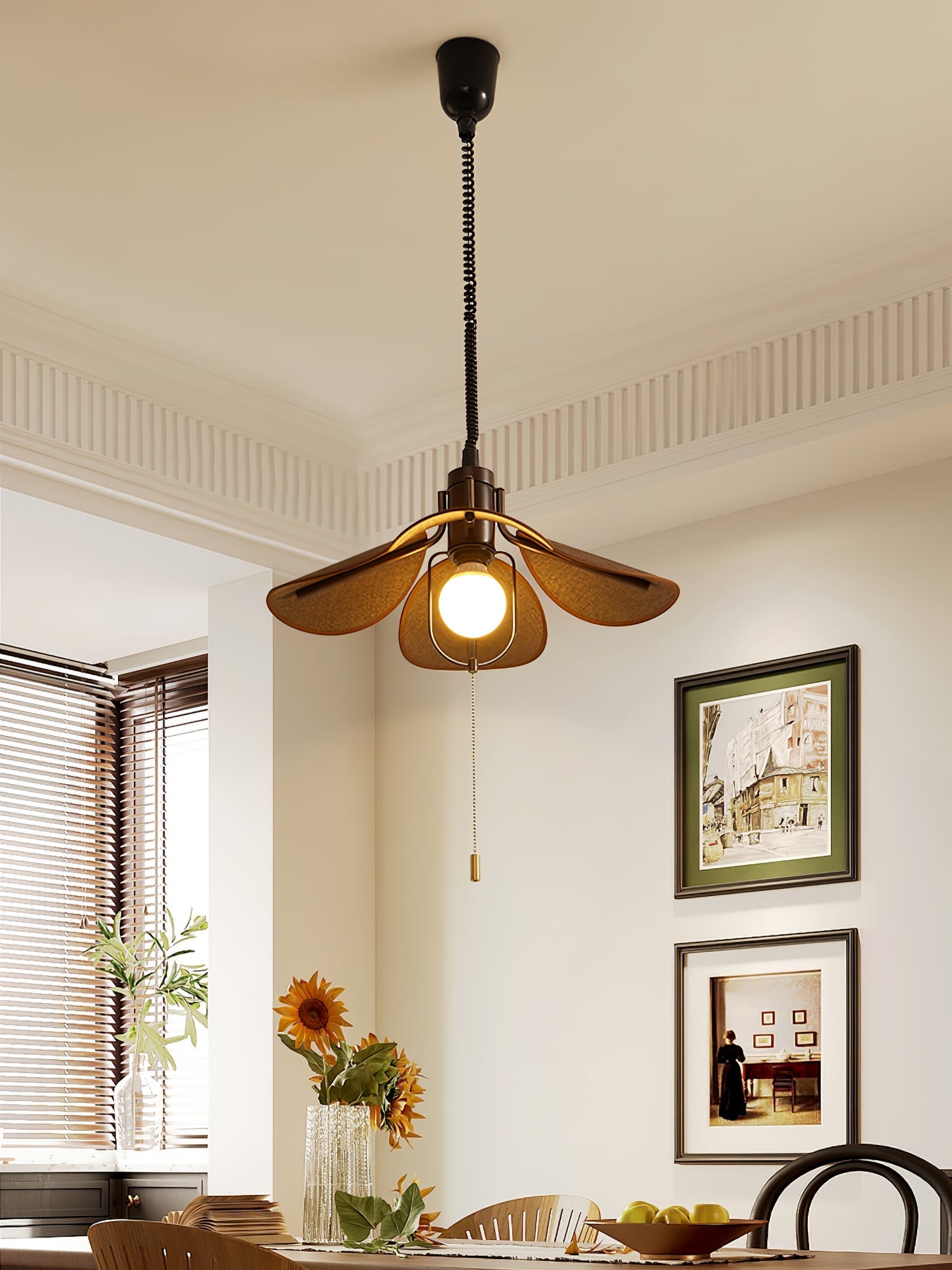 Utalion Traditional Petal Bloom Wood Fabric Pendant Light-Neutral Decor