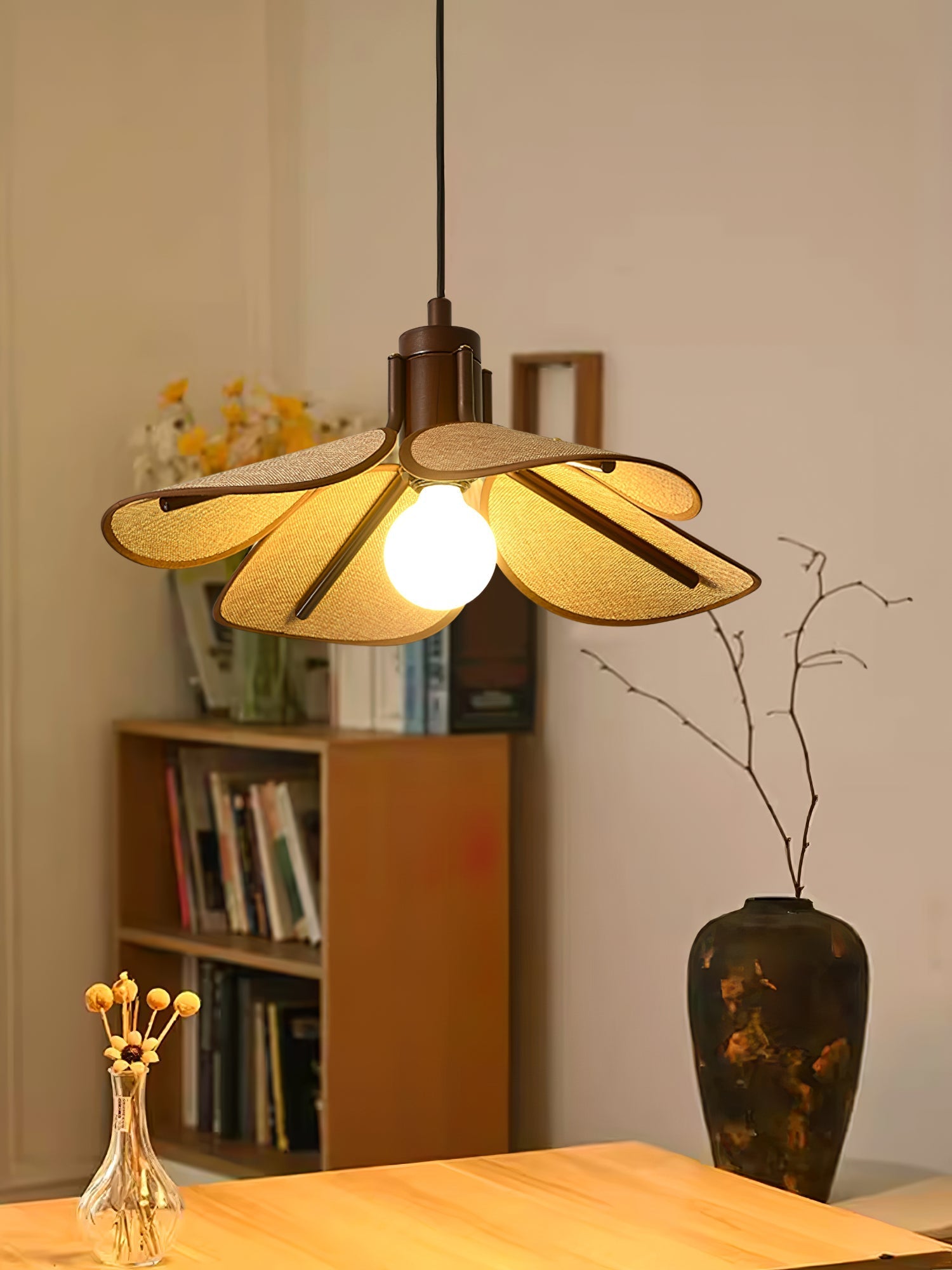 Utalion Traditional Petal Bloom Wood Fabric Pendant Light-Neutral Decor