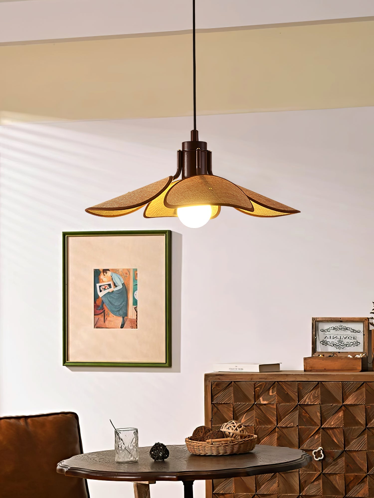 Utalion Traditional Petal Bloom Wood Fabric Pendant Light-Neutral Decor