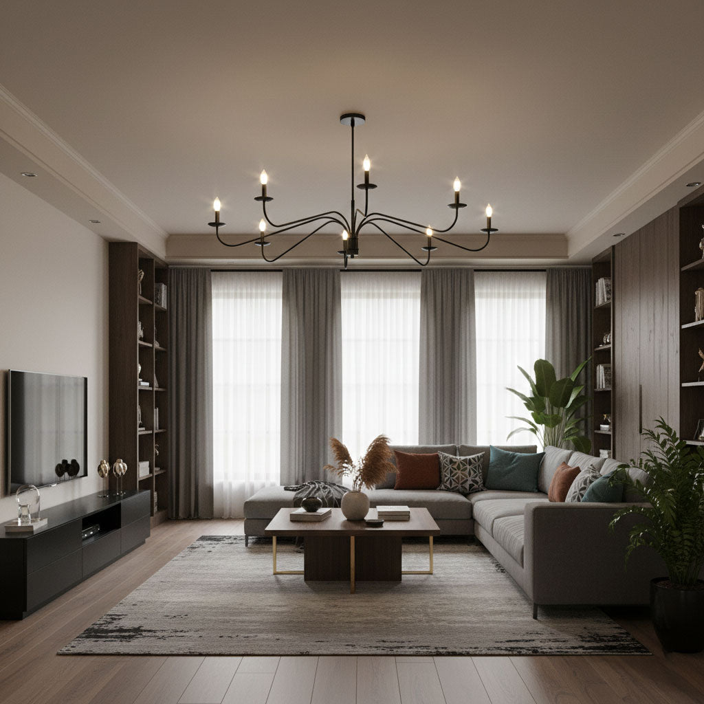 Philomena Chandelier casting a warm, inviting glow.