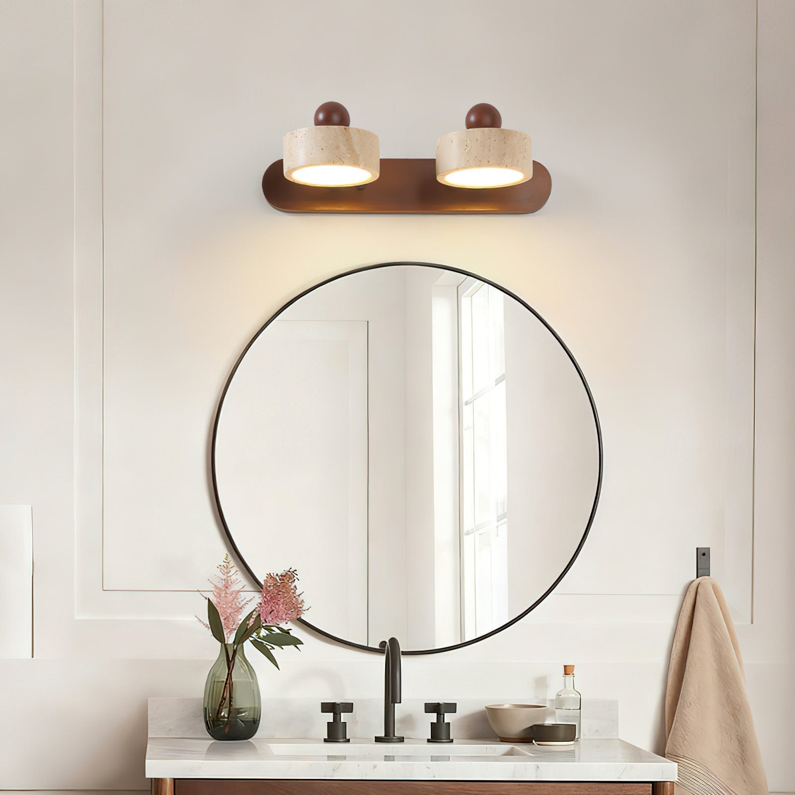 Diagram showing the dimensions of the 2-head Piero Travertine Wall Lamp.