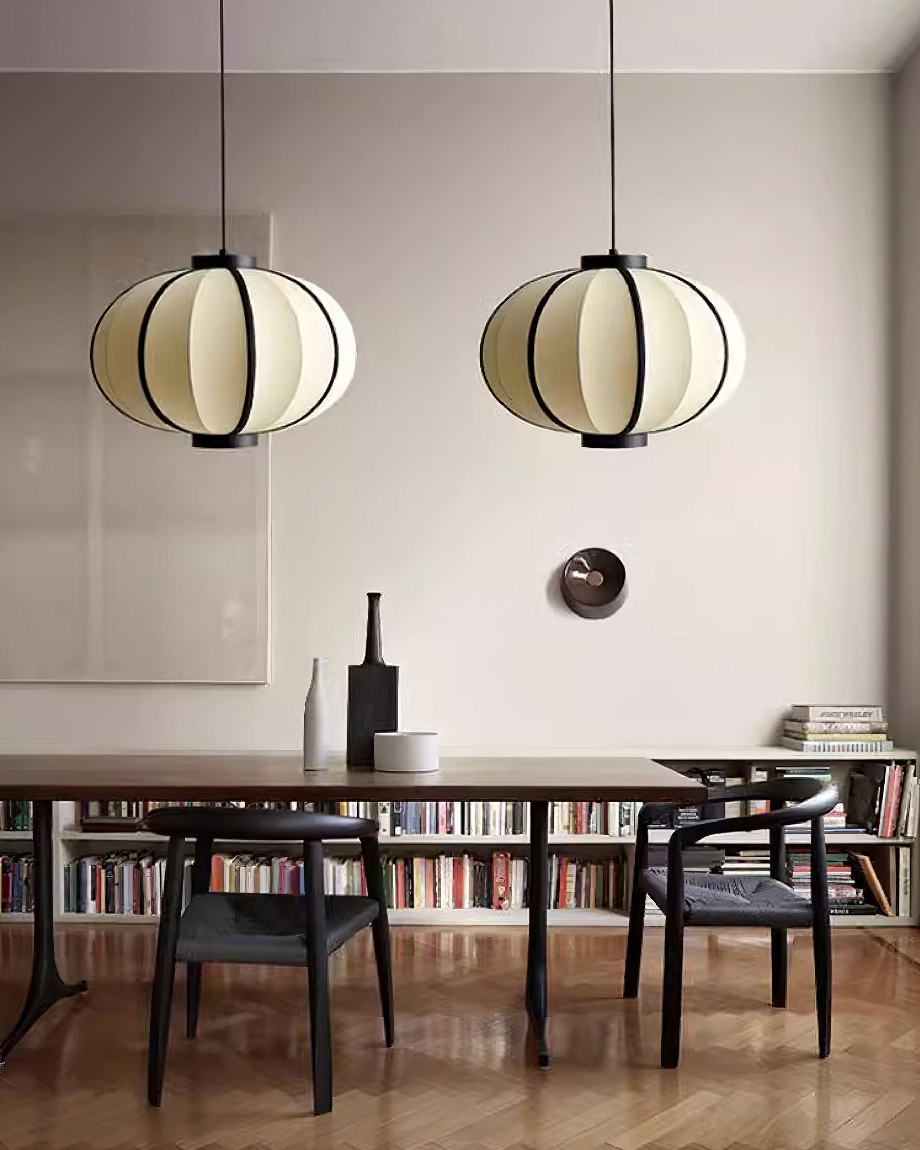 Pendant Lamp Fabric Lantern Shade Metal Frame Vintage