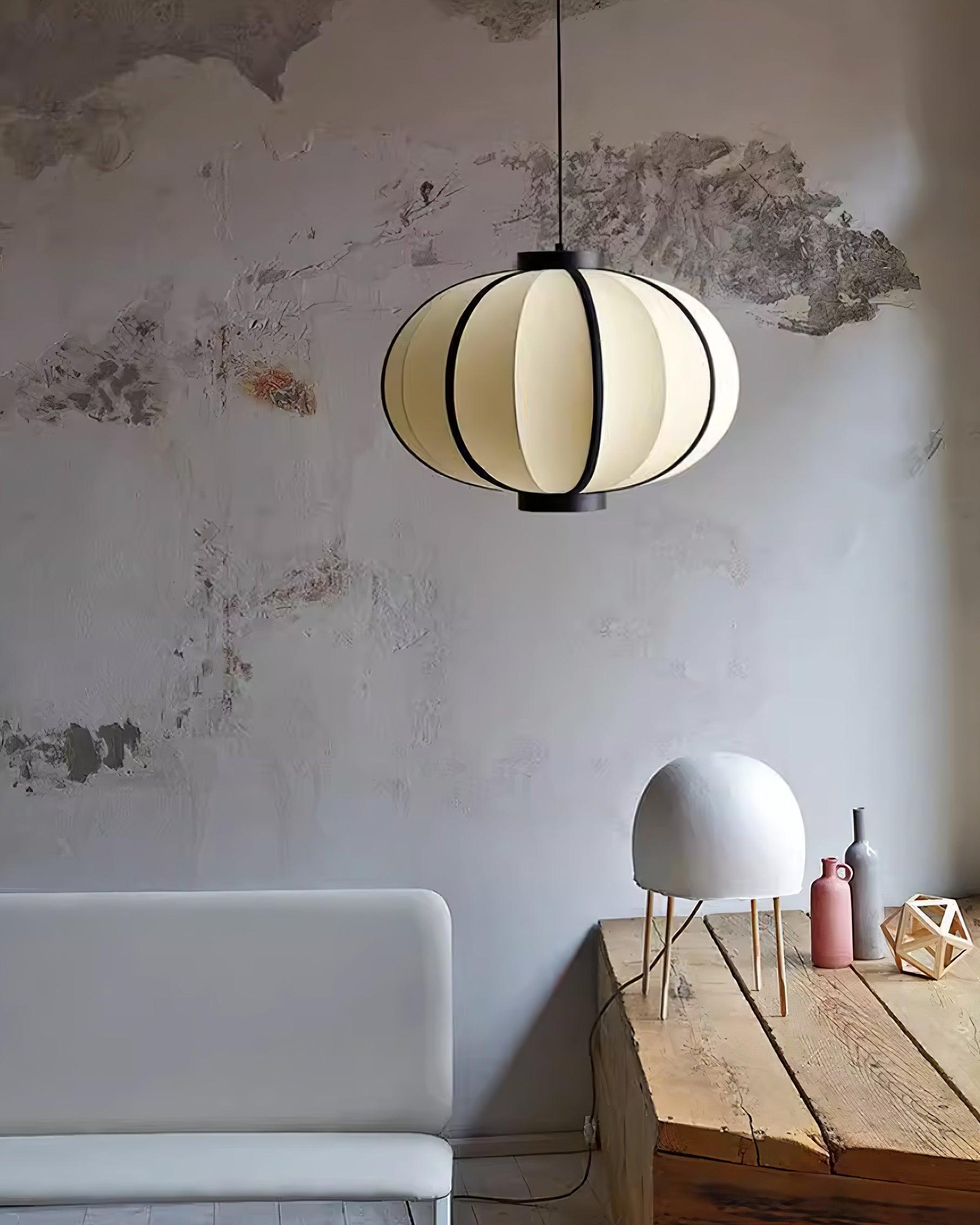 Pendant Lamp Fabric Lantern Shade Metal Frame Vintage