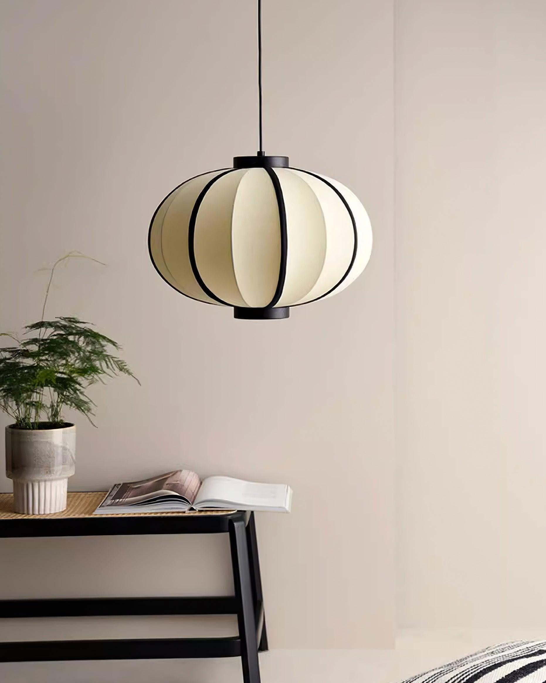 Pendant Lamp Fabric Lantern Shade Metal Frame Vintage