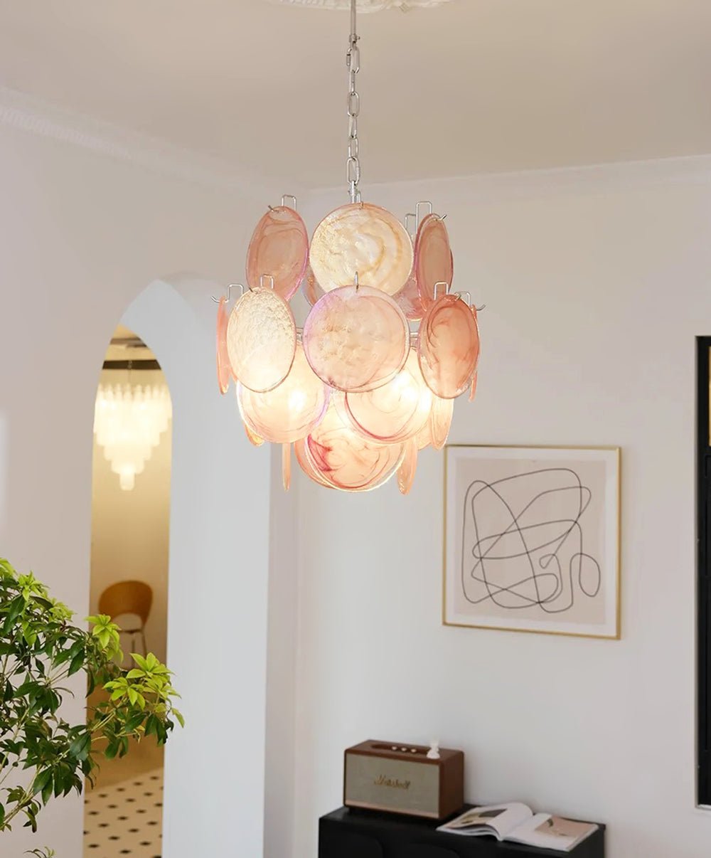 Aurora Chandelier Pink Murano Glass Disc Vintage Charm-Neutral Decor