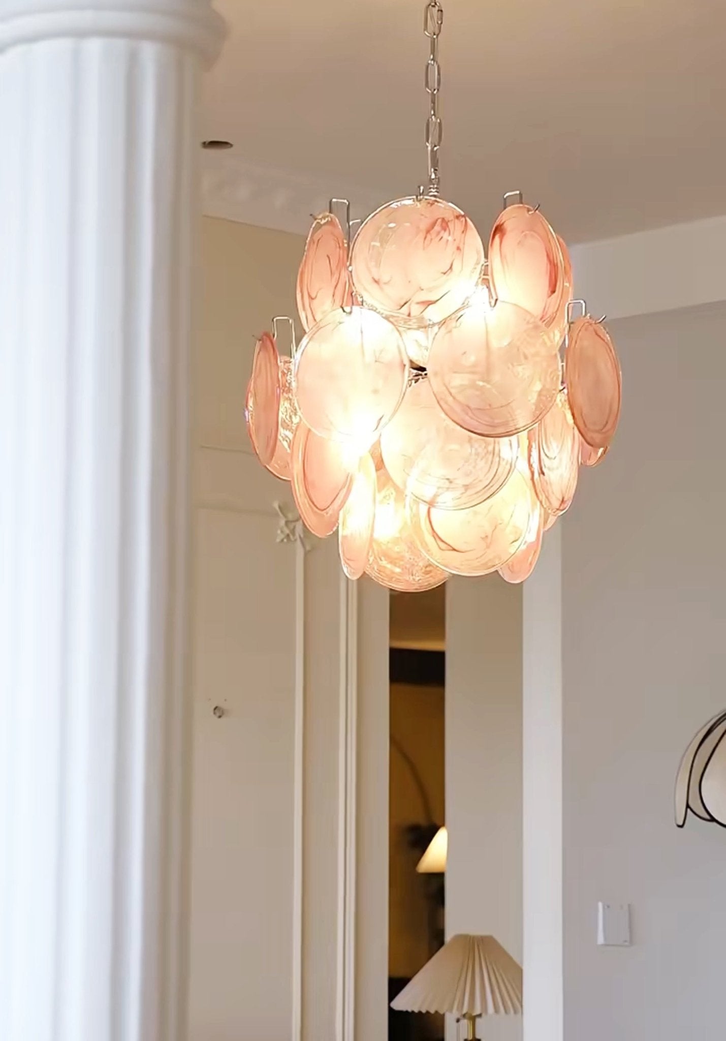 Aurora Chandelier Pink Murano Glass Disc Vintage Charm-Neutral Decor