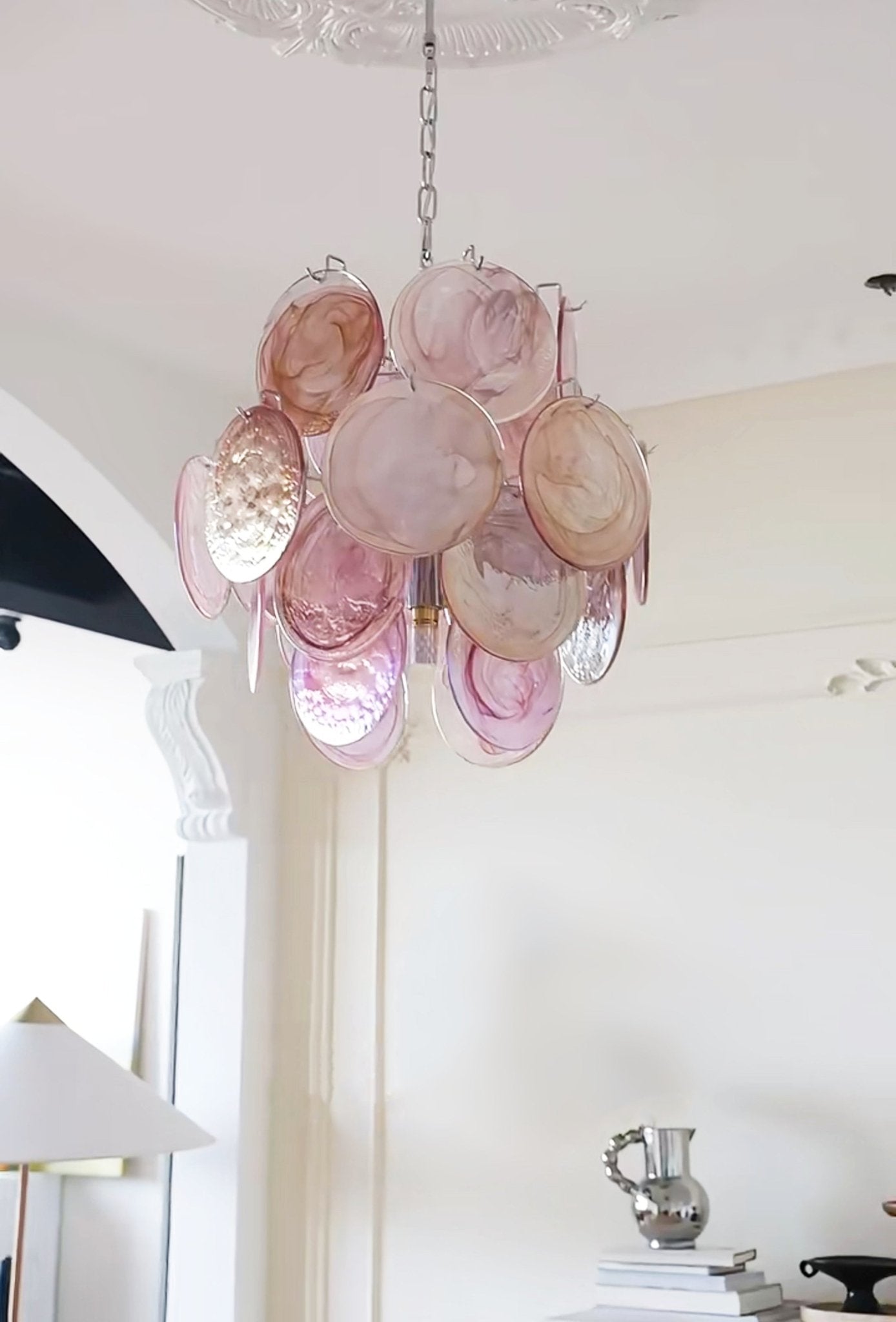 Aurora Chandelier Pink Murano Glass Disc Vintage Charm-Neutral Decor