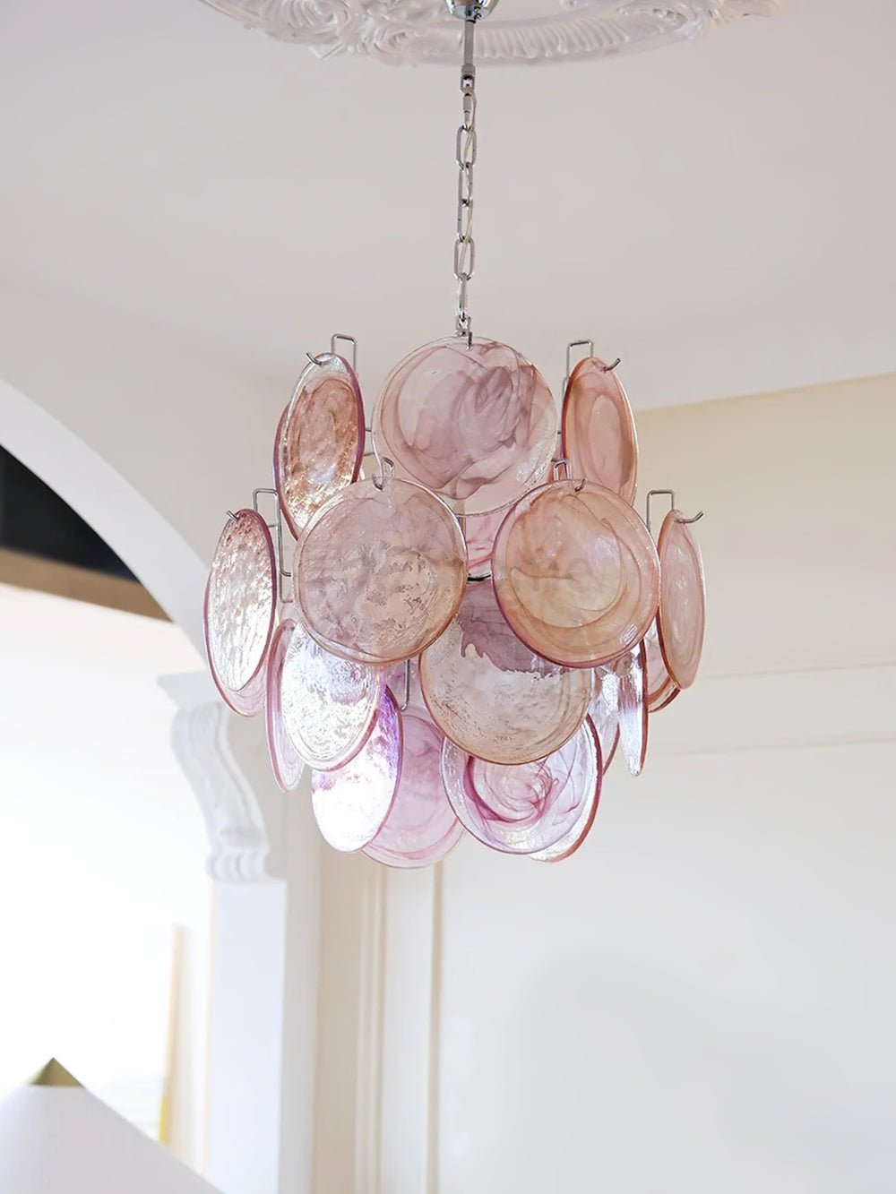 Aurora Chandelier Pink Murano Glass Disc Vintage Charm-Neutral Decor