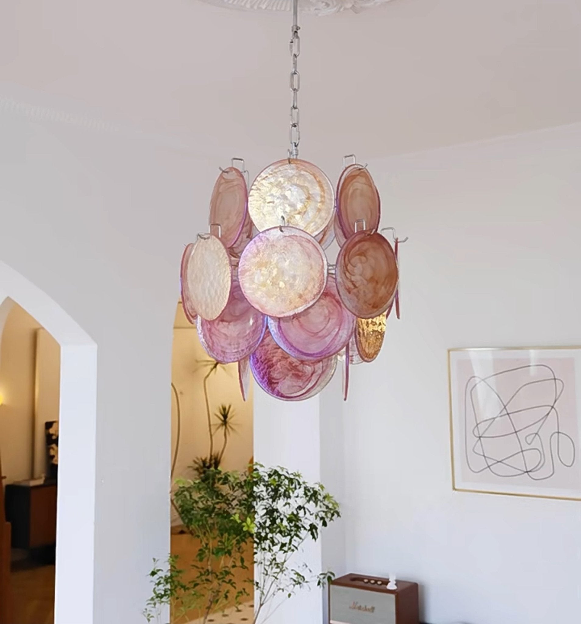 Aurora Chandelier Pink Murano Glass Disc Vintage Charm-Neutral Decor