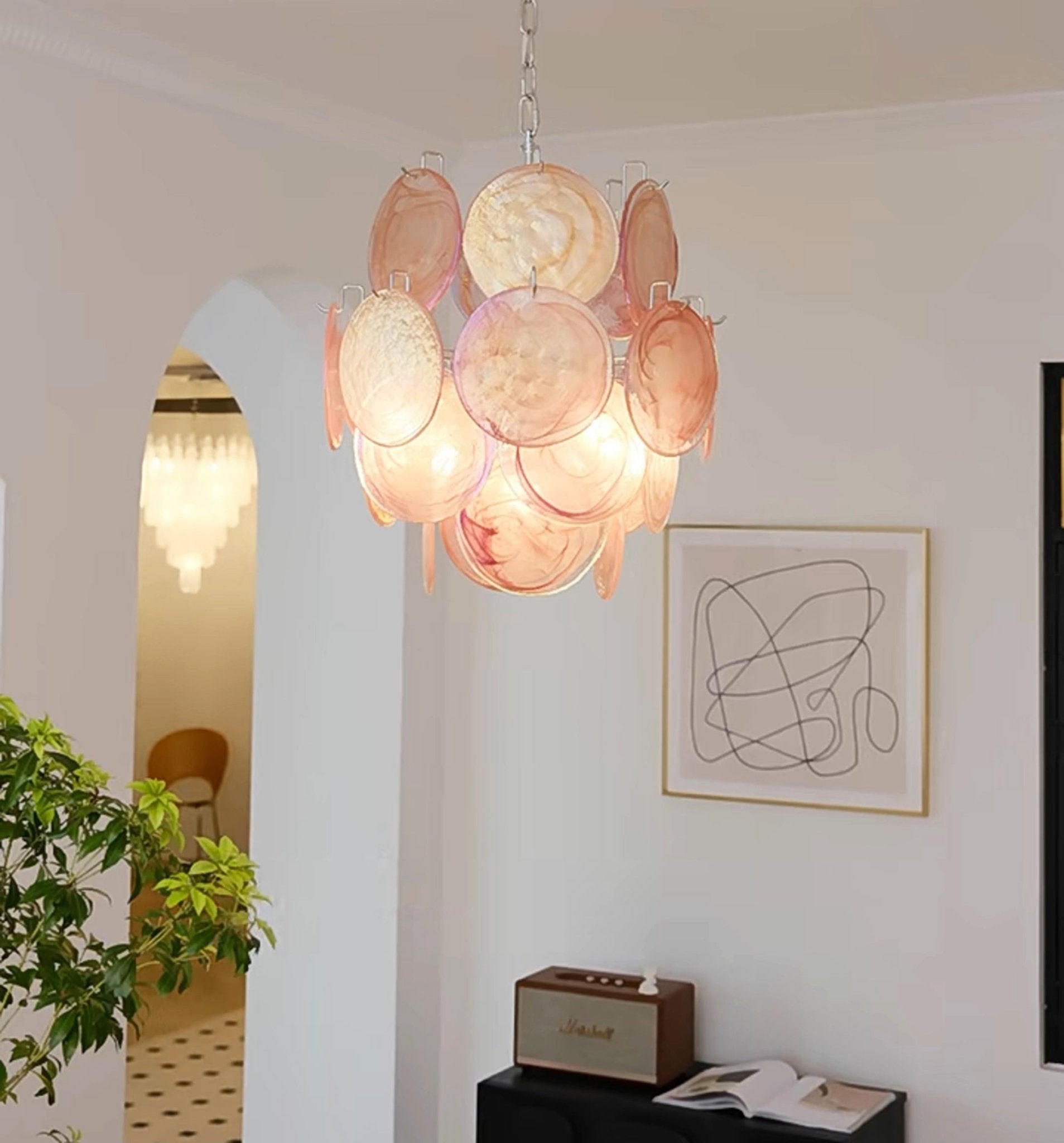 Aurora Chandelier Pink Murano Glass Disc Vintage Charm-Neutral Decor