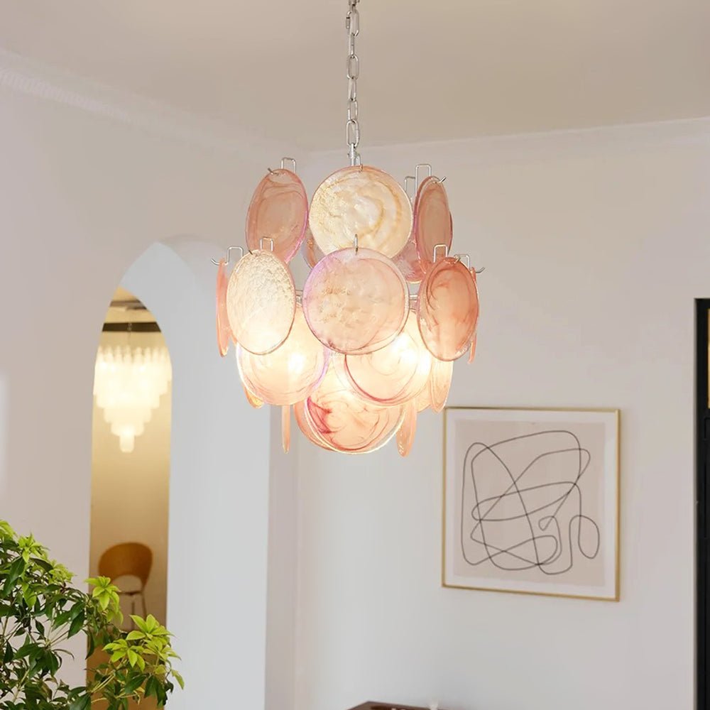 Aurora Chandelier Pink Murano Glass Disc Vintage Charm-Neutral Decor