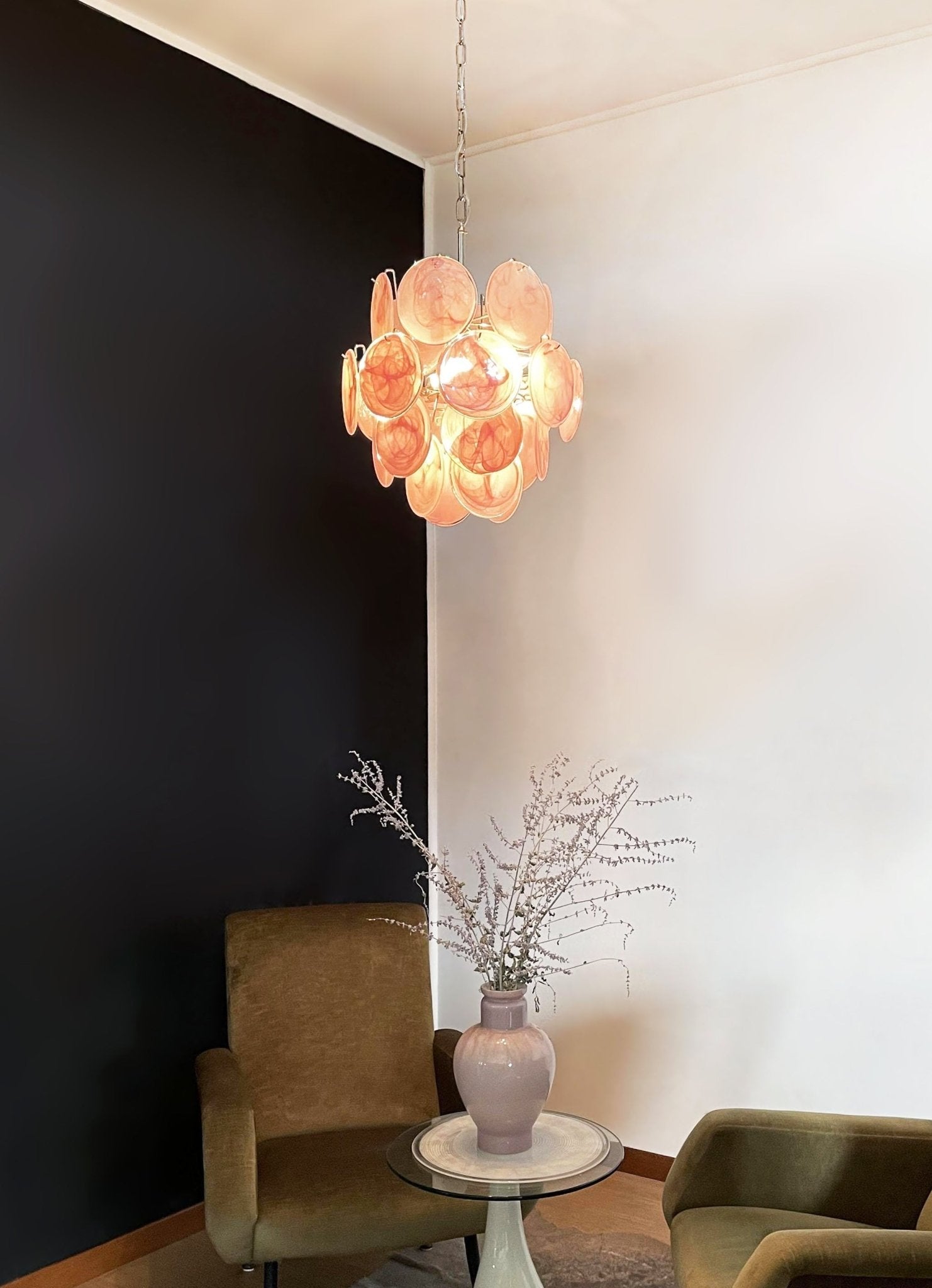 Aurora Chandelier Pink Murano Glass Disc Vintage Charm-Neutral Decor