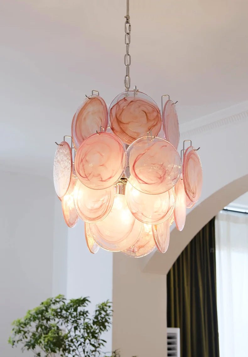 Aurora Chandelier Pink Murano Glass Disc Vintage Charm-Neutral Decor