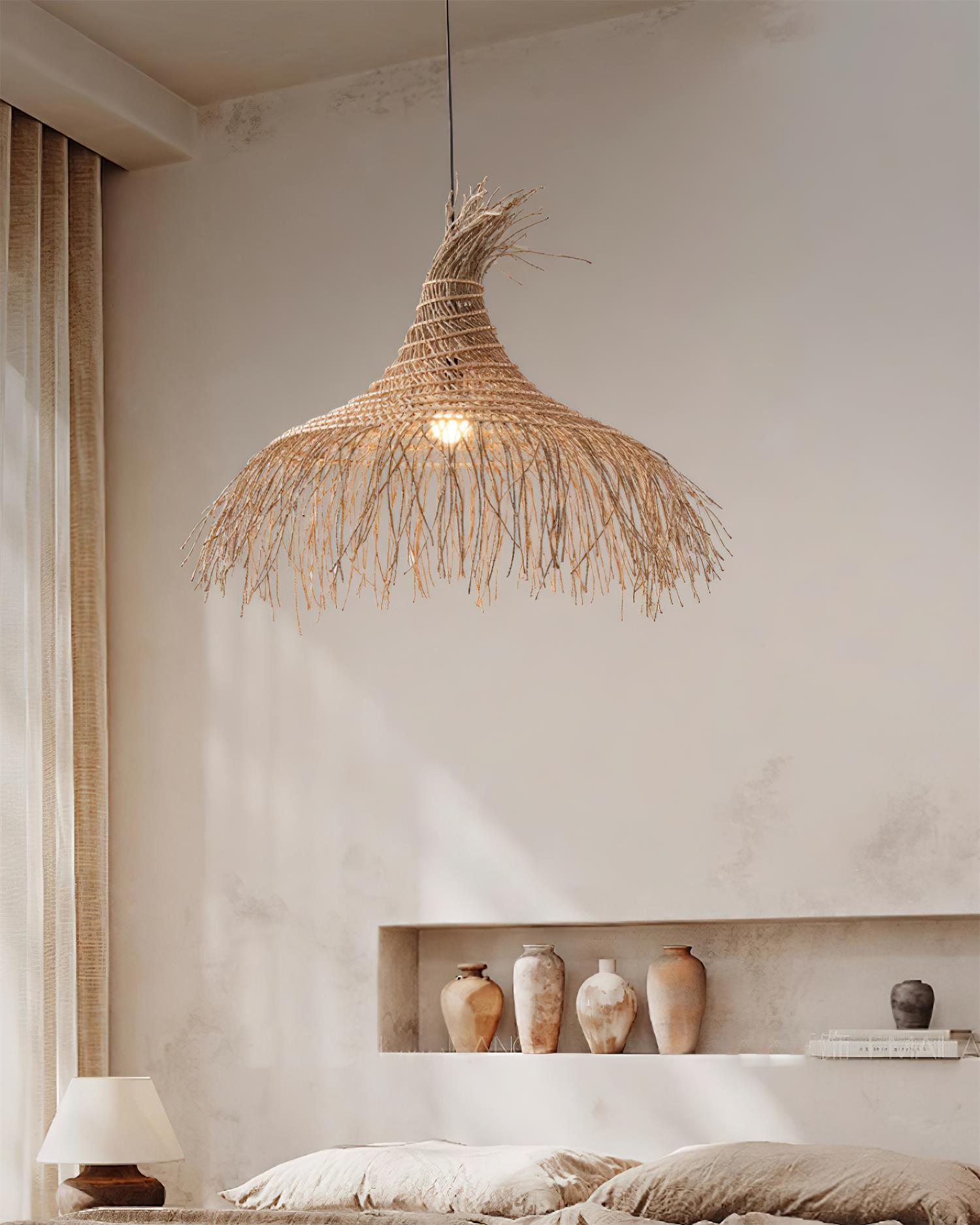 Pendant Light Handwoven Rattan Shade Metal Frame Bohemian Natural