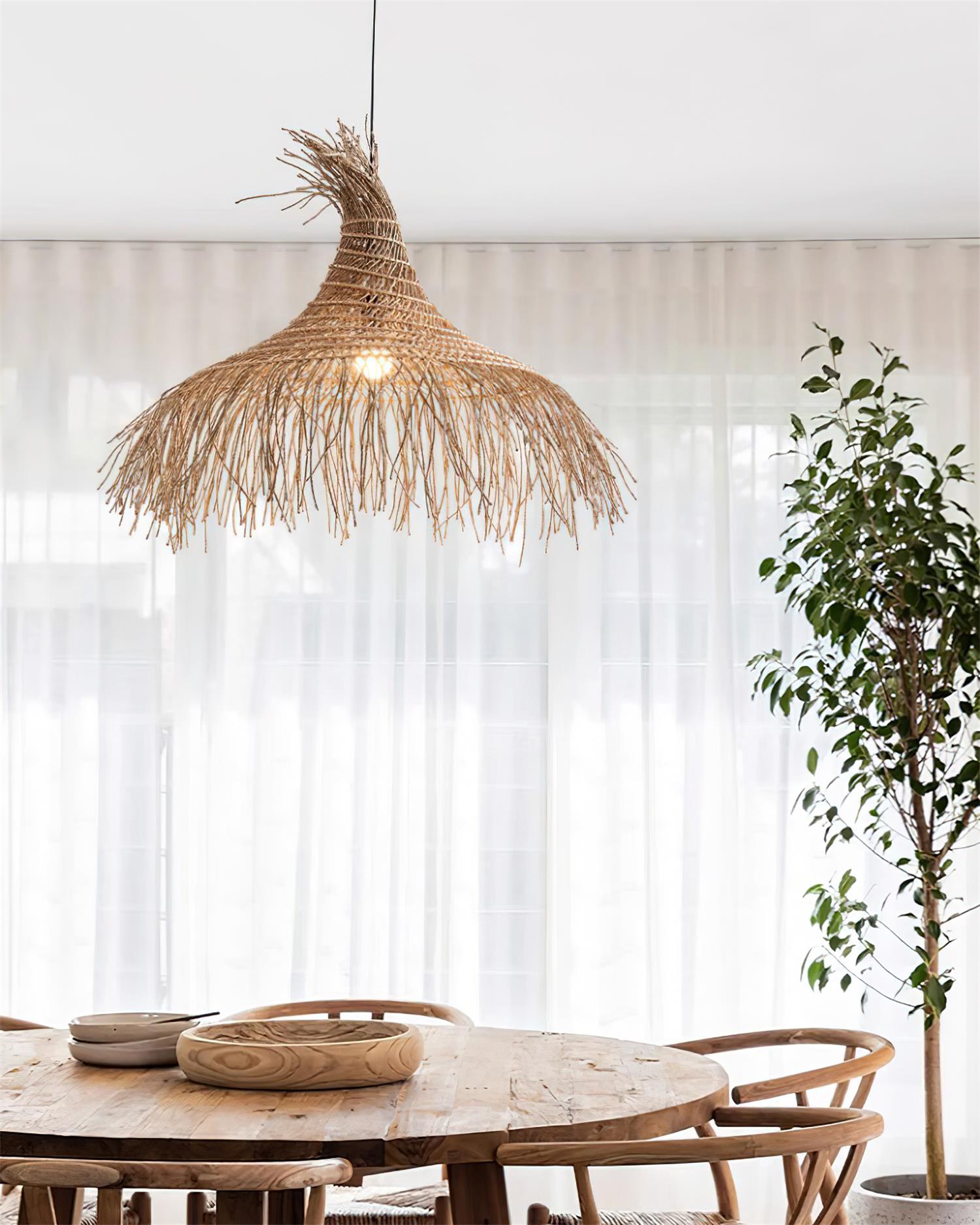 Pendant Light Handwoven Rattan Shade Metal Frame Bohemian Natural
